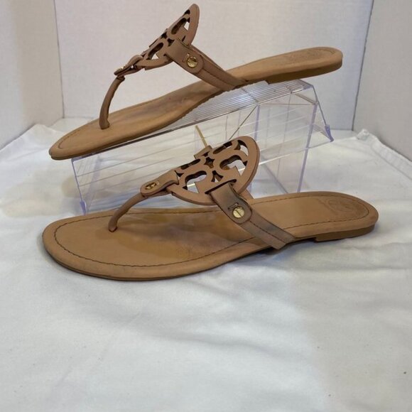 Tory Burch Miller Leather Logo Thong Sandal Nude Tan Classic Slip-On 11M - Picture 11 of 16